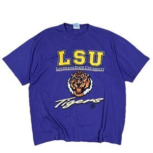 Vintage LSU Tigers NCAA College Graphic Single-Stitch T Shirt Purple XL
